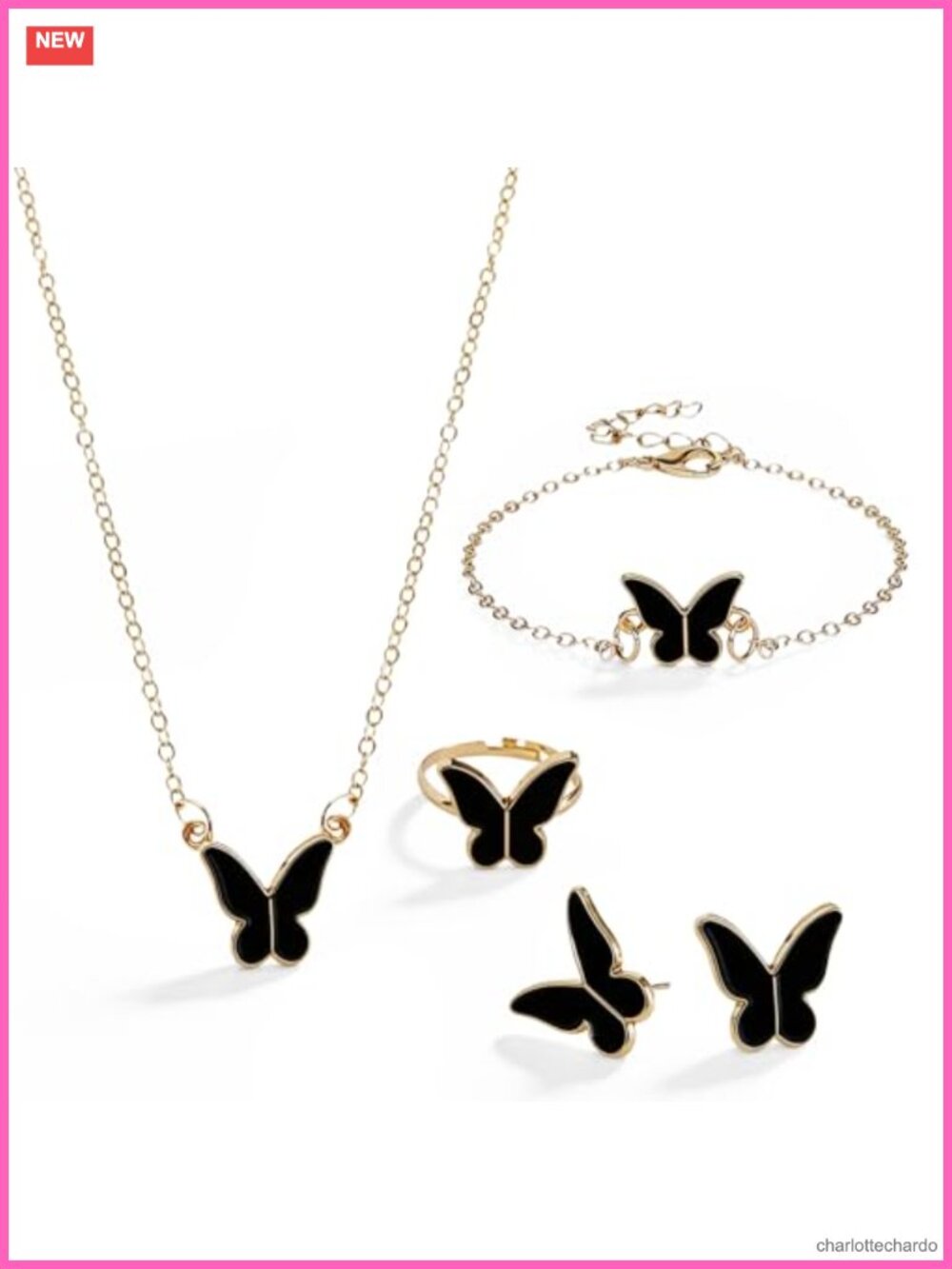 Butterfly Jewelry Set Necklace Bracelet Stud Earrings Adjustable Ring